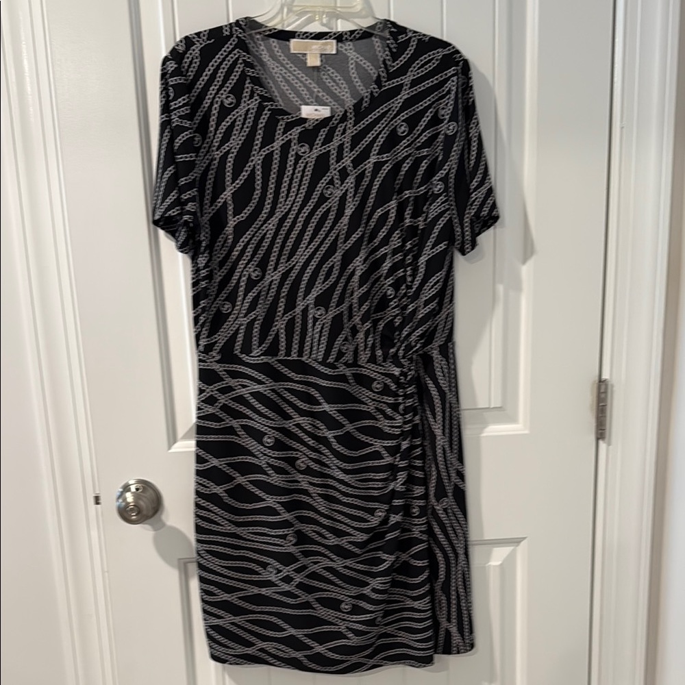 MICHAEL Michael Kors Black and Silver Faux Wrap Midi Dress New